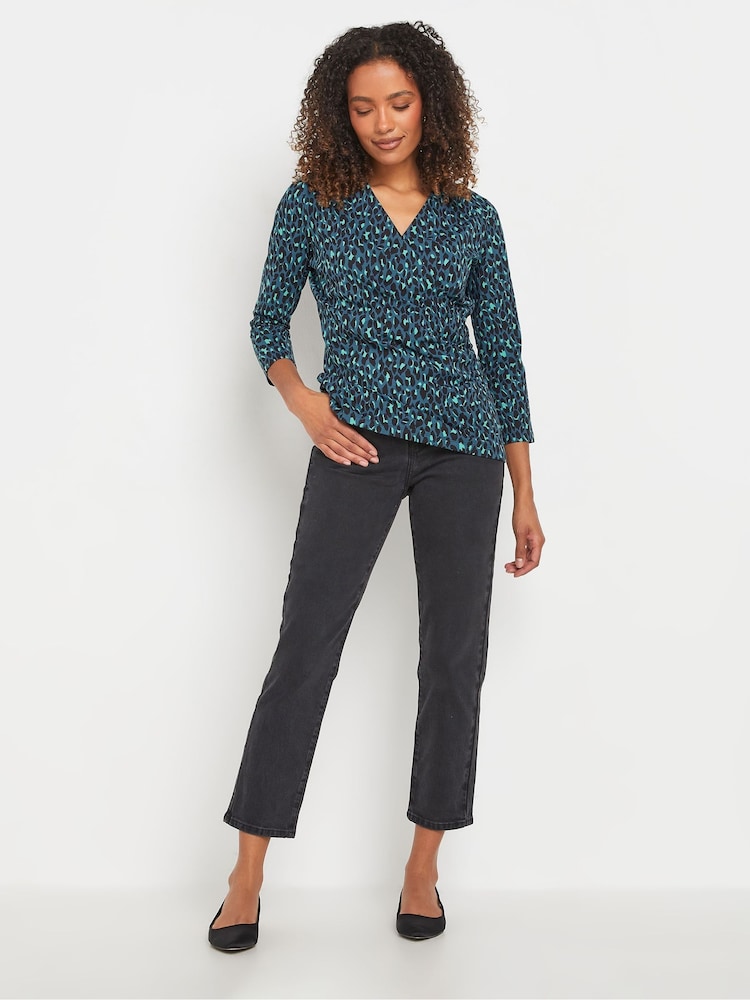M&Co Blue Animal Print 3/4 Sleeve Wrap Top - Image 2 of 5