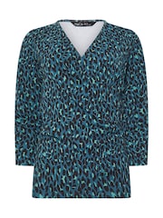 M&Co Blue Animal Print 3/4 Sleeve Wrap Top - Image 5 of 5