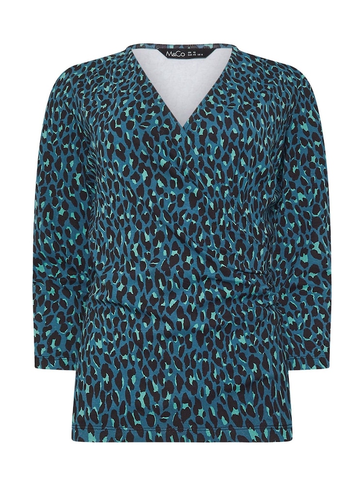 M&Co Blue Animal Print 3/4 Sleeve Wrap Top - Image 5 of 5
