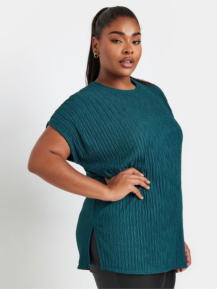 Yours Curve Blue Grown On Sleeve Plisse T-Shirt - Image 1 of 5