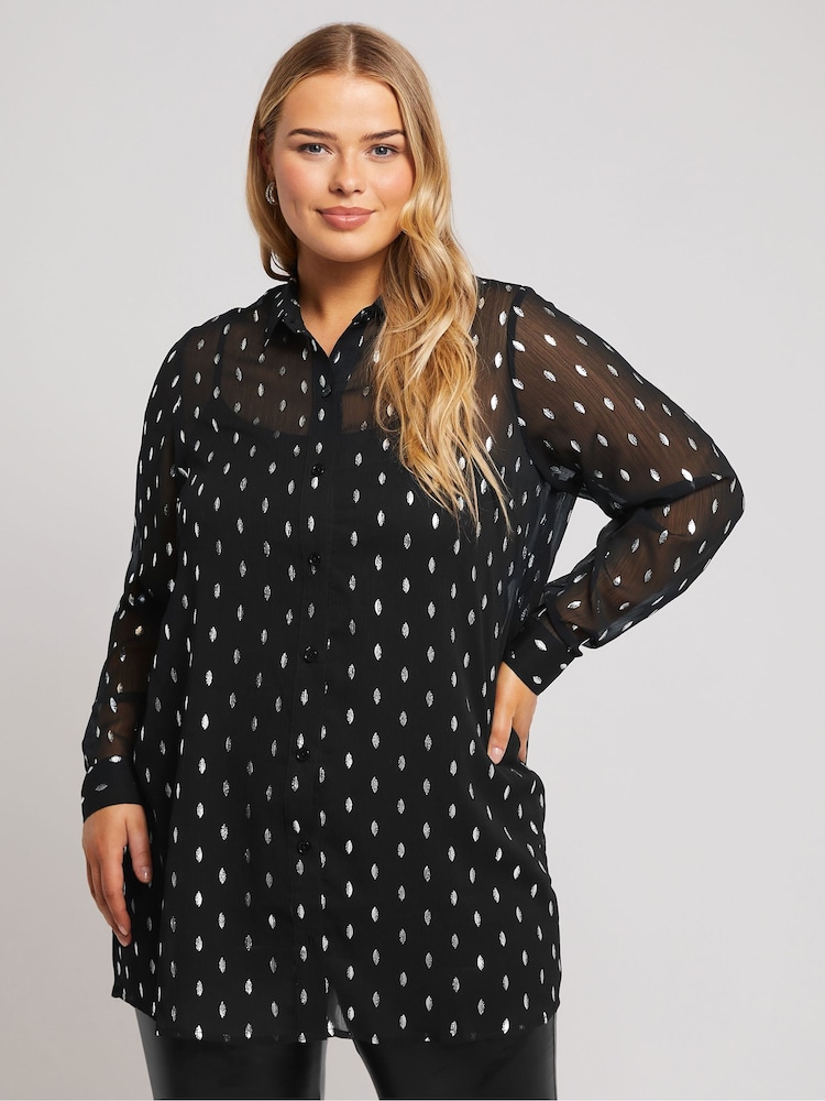 Yours Curve Black London Crinkle Foil Shirt - Image 1 of 5