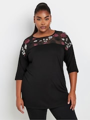 Yours Curve Black Embellished 3/4 Sleeve Top - Image 1 of 5