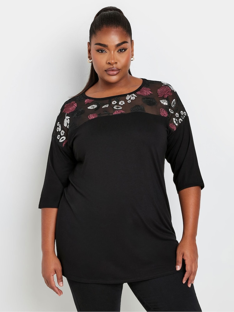 Yours Curve Black Embellished 3/4 Sleeve Top - Image 1 of 5