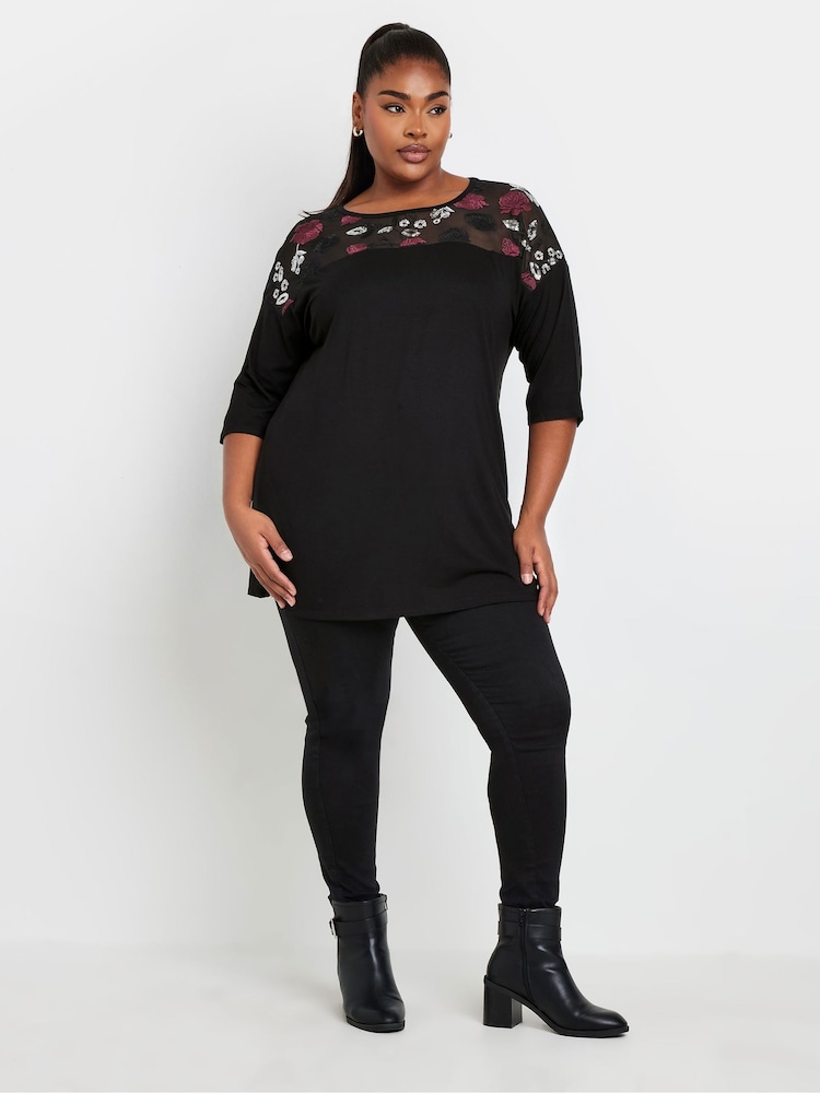 Yours Curve Black Embellished 3/4 Sleeve Top - Image 2 of 5