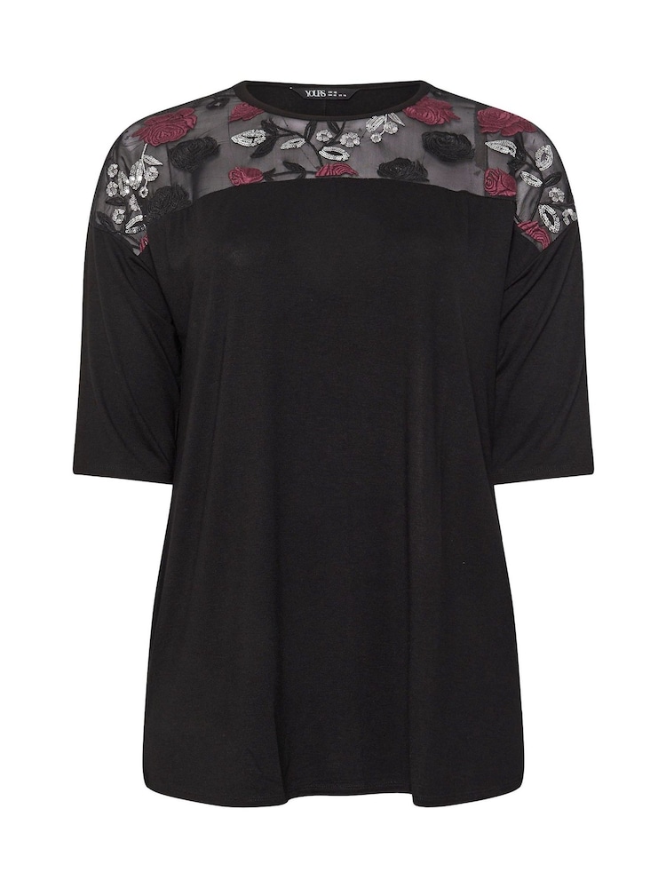 Yours Curve Black Embellished 3/4 Sleeve Top - Image 5 of 5