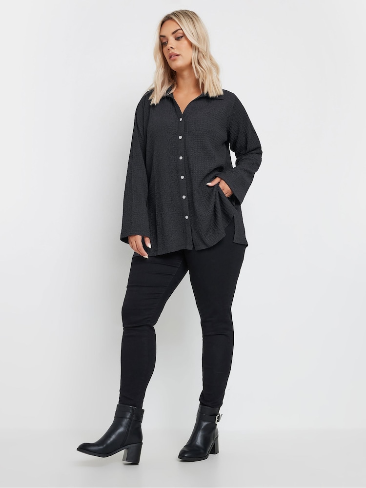Yours Curve Grey Diamante Button Textured Shirt - Image 2 of 5
