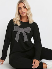 Yours Curve Black Diamante Bow Long Sleeve Top - Image 1 of 5