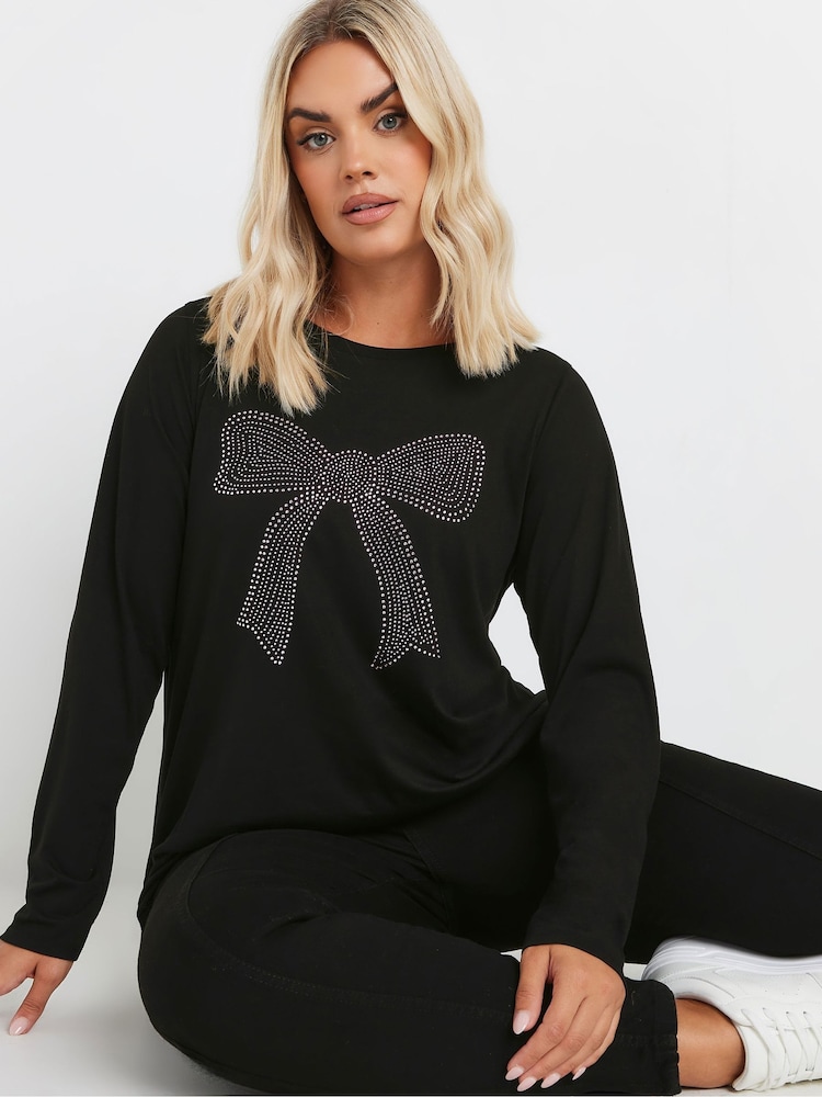 Yours Curve Black Diamante Bow Long Sleeve Top - Image 1 of 5