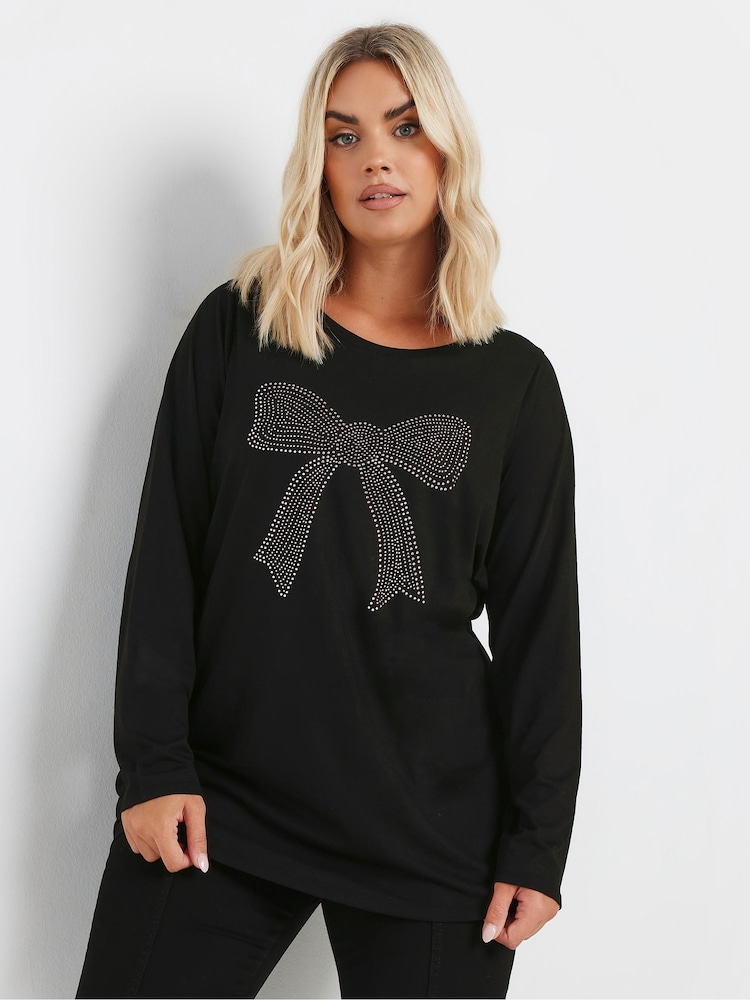 Yours Curve Black Diamante Bow Long Sleeve Top - Image 2 of 5