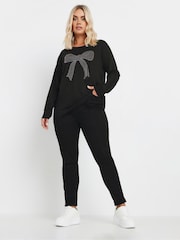 Yours Curve Black Diamante Bow Long Sleeve Top - Image 3 of 5
