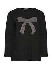Yours Curve Black Diamante Bow Long Sleeve Top - Image 5 of 5