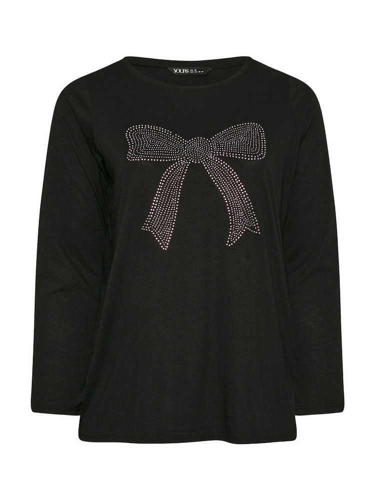 Yours Curve Black Diamante Bow Long Sleeve Top - Image 5 of 5