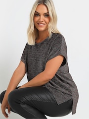 Yours Curve Black Rainbow Glitter Grown On Sleeve Top - Image 4 of 5