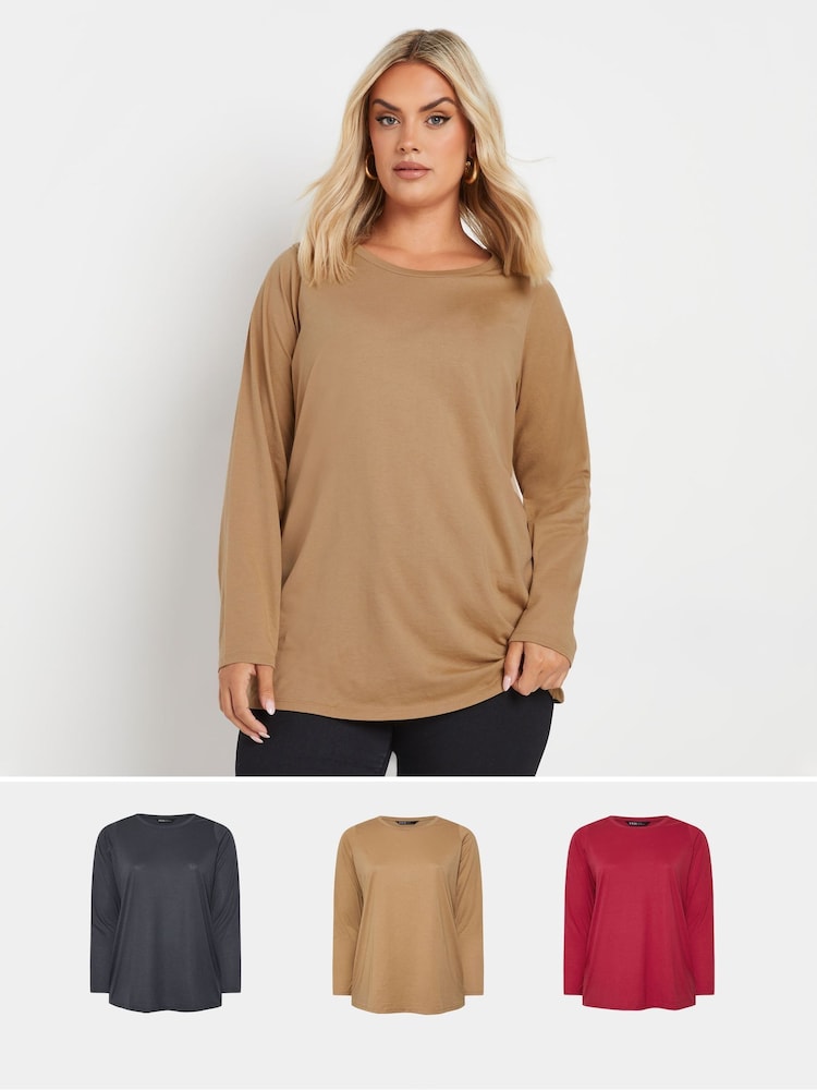 Yours Curve Natural Core Long Sleeve T-Shirts 3 Pack - Image 1 of 9