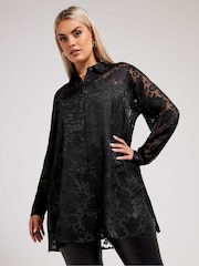 Yours Curve Black London Floral Print Burnout Shirt - Image 1 of 5