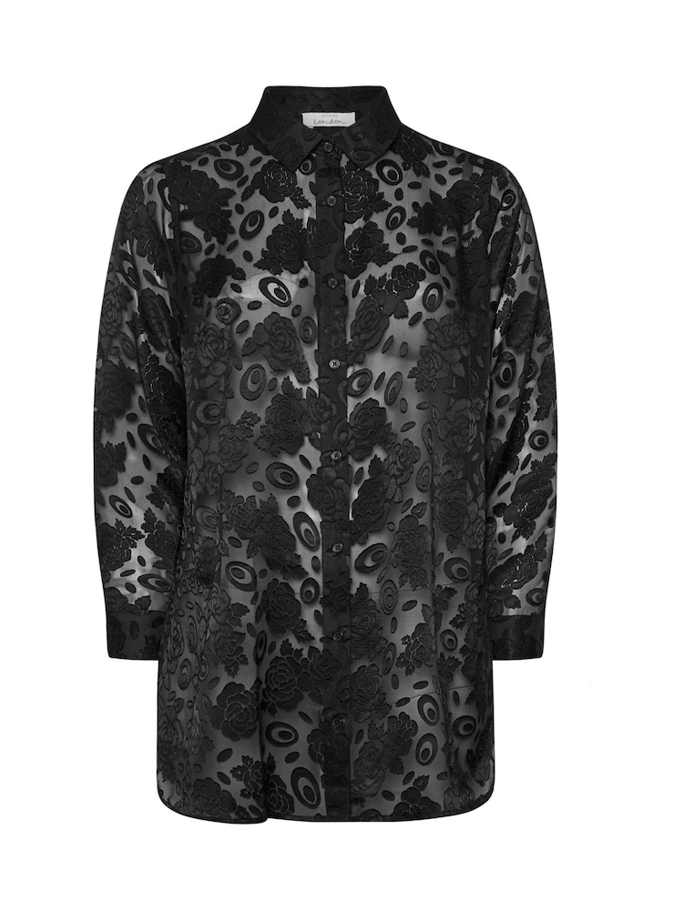 Yours Curve Black London Floral Print Burnout Shirt - Image 5 of 5