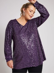 Lila - Yours Curve London Sequin V-Neck Long Sleeve Top - Bild 1 von 5
