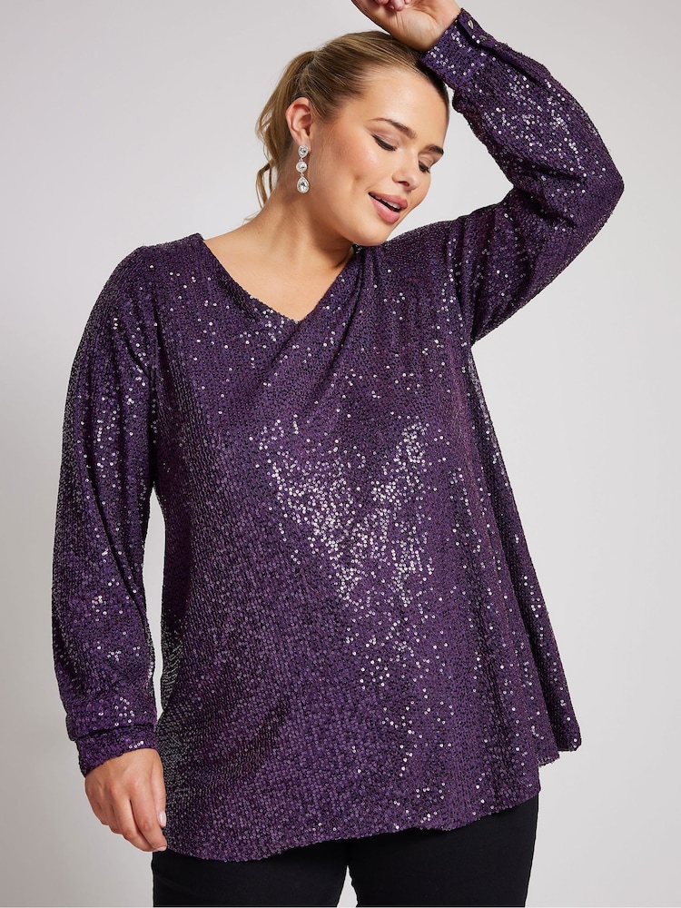 Lila - Yours Curve London Sequin V-Neck Long Sleeve Top - Bild 1 von 5