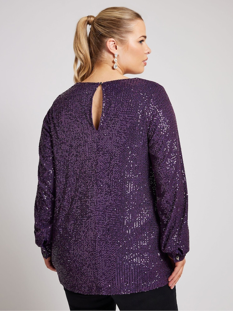 Lila - Yours Curve London Sequin V-Neck Long Sleeve Top - Bild 2 von 5 Lila - Yours Curve London Sequin V-Neck Long Sleeve Top - Bild 2 von 5