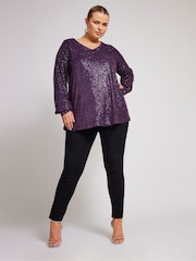 Lila - Yours Curve London Sequin V-Neck Long Sleeve Top - Bild 3 von 5