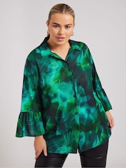 Yours Curve Green London Abstract Ruffle Sleeve Shirt - Image 1 of 5