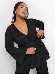 Yours Curve Black Wrap Flare Sleeve Top - Image 1 of 4