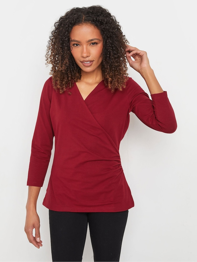 M&Co Red 3/4 Sleeve Wrap Top - Image 1 of 5