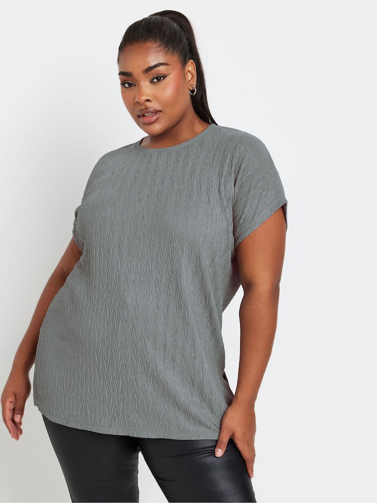 Yours Curve Grey Grown On Sleeve Plisse T-Shirt - Image 1 of 5