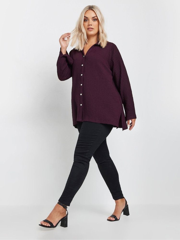 Yours Curve Purple Diamante Button Textured Shirt - Image 2 of 5