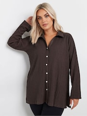Yours Curve Brown Diamante Button Textured Shirt - Image 1 of 5