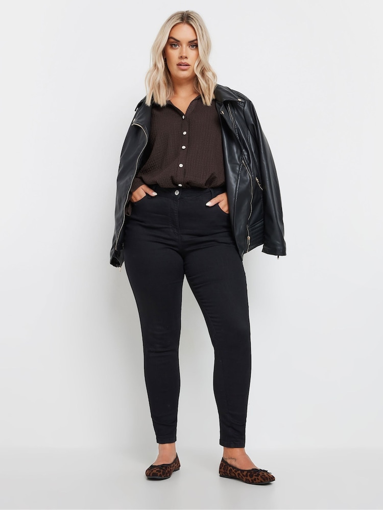 Yours Curve Brown Diamante Button Textured Shirt - Image 2 of 5