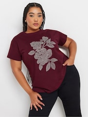 Yours Curve Red Stud Floral 100% Cotton T-Shirt - Image 1 of 5