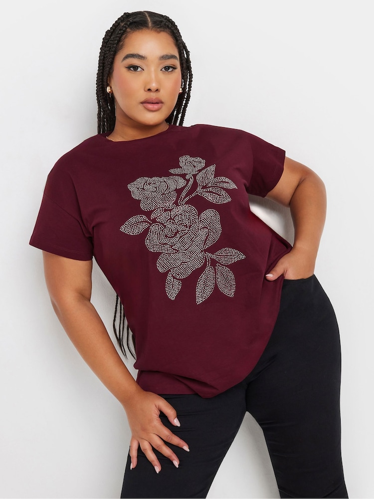 Yours Curve Red Stud Floral 100% Cotton T-Shirt - Image 1 of 5
