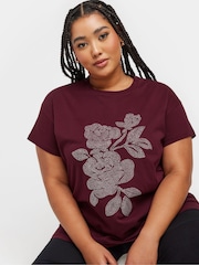 Yours Curve Red Stud Floral 100% Cotton T-Shirt - Image 3 of 5