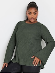 Yours Curve Green Plisse Flute Sleeve Co-Ord T-Shirt - Image 1 of 5