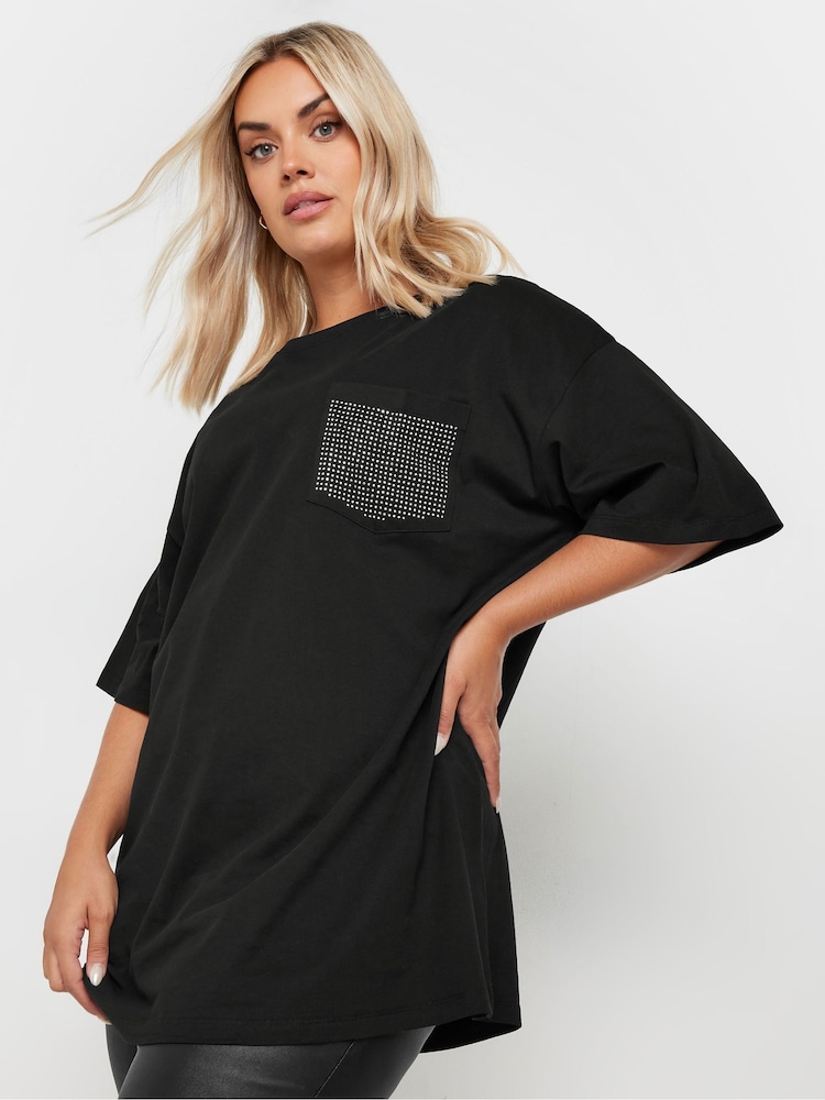 Yours Curve Black Oversized Stud Pocket 100% Cotton T-Shirt - Image 1 of 6 Yours Curve Black Oversized Stud Pocket 100% Cotton T-Shirt - Image 1 of 6
