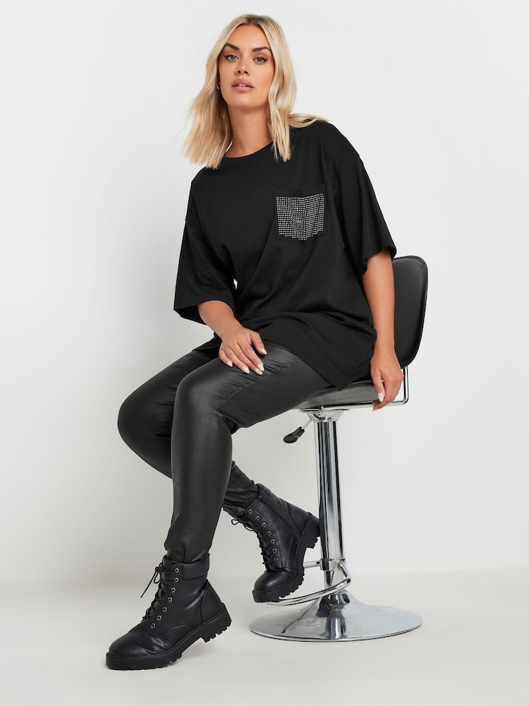 Yours Curve Black Oversized Stud Pocket 100% Cotton T-Shirt - Image 2 of 6 Yours Curve Black Oversized Stud Pocket 100% Cotton T-Shirt - Image 2 of 6
