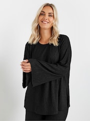 Yours Curve Black Plisse Flute Sleeve Co-Ord T-Shirt - Image 1 of 5