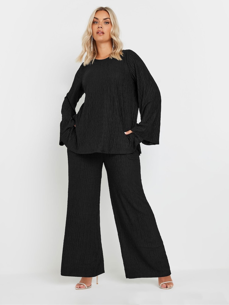 Yours Curve Black Plisse Flute Sleeve Co-Ord T-Shirt - Image 2 of 5