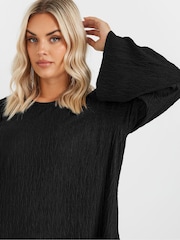 Yours Curve Black Plisse Flute Sleeve Co-Ord T-Shirt - Image 4 of 5