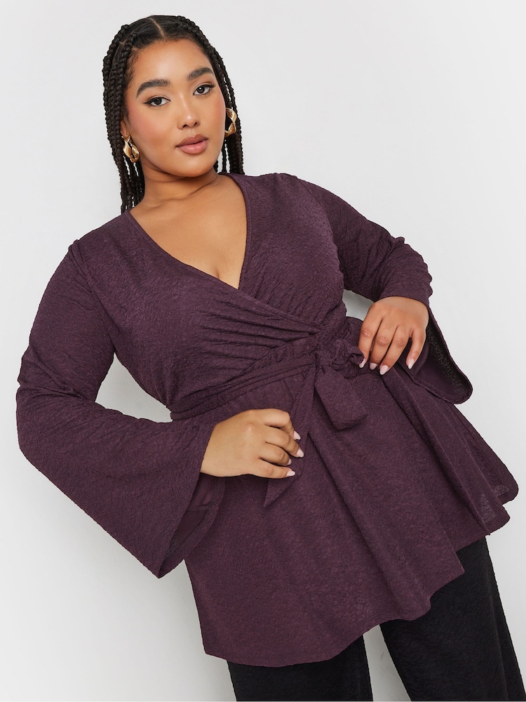 Yours Curve Purple Wrap Flare Sleeve Top - Image 1 of 6 Yours Curve Purple Wrap Flare Sleeve Top - Image 1 of 6