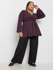 Yours Curve Purple Wrap Flare Sleeve Top - Image 3 of 6