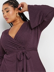 Yours Curve Purple Wrap Flare Sleeve Top - Image 4 of 6
