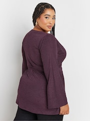 Yours Curve Purple Wrap Flare Sleeve Top - Image 5 of 6