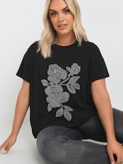 Yours Curve Black Stud Floral 100% Cotton T-Shirt - Image 1 of 5