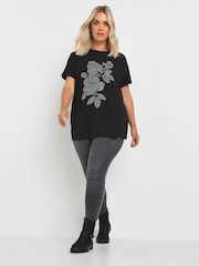 Yours Curve Black Stud Floral 100% Cotton T-Shirt - Image 2 of 5