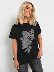 Yours Curve Black Stud Floral 100% Cotton T-Shirt - Image 5 of 5