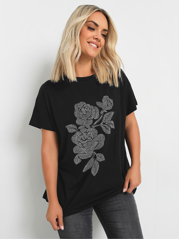 Yours Curve Black Stud Floral 100% Cotton T-Shirt - Image 5 of 5
