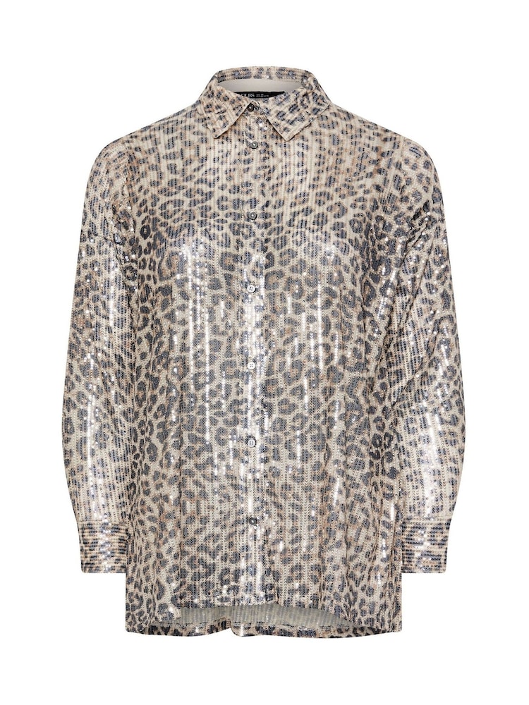 Yours Curve Natural Leopard Print Sequin Shirt - Image 6 of 6