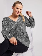Silber - Yours Curve London Sequin V-Neck Long Sleeve Top - Bild 1 von 5
